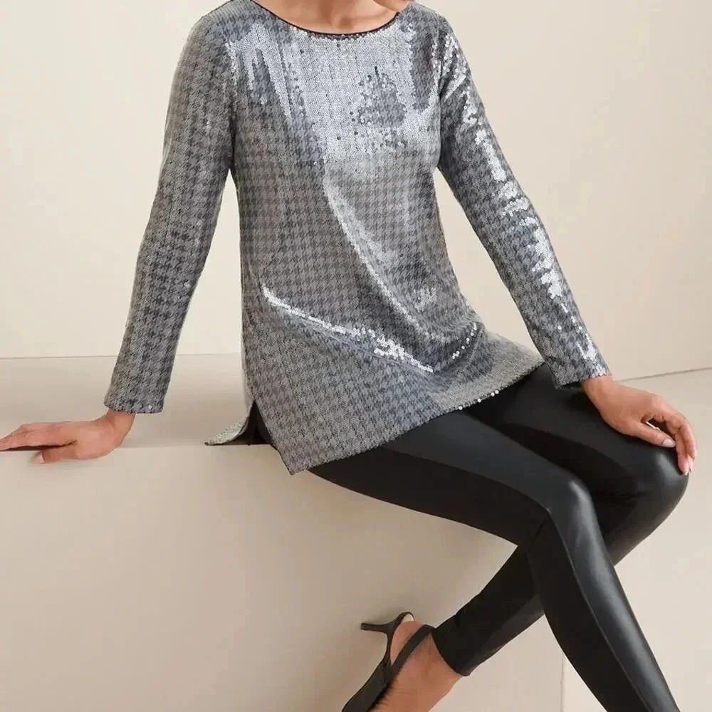 Chicos NWT Houndstooth Sequin Tunic Size 3 US Size XL Silver and Black